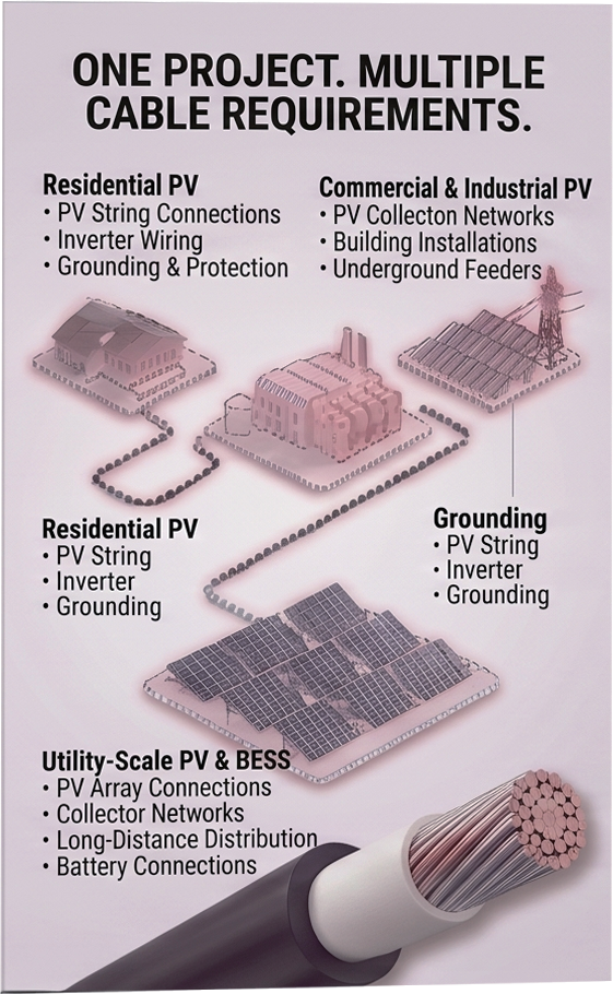Diagram of PV cable requirements across residential, commercial and industrial, and utility-scale PV and BESS applications